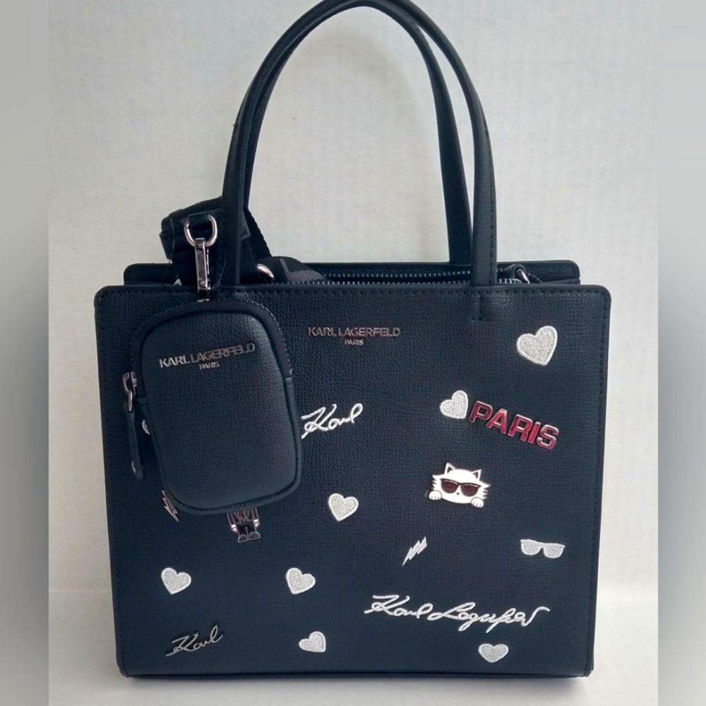 KARL LAGERFELD Maybelle Satchel Black Paris Purse Crossbody And Hat New! NWT!